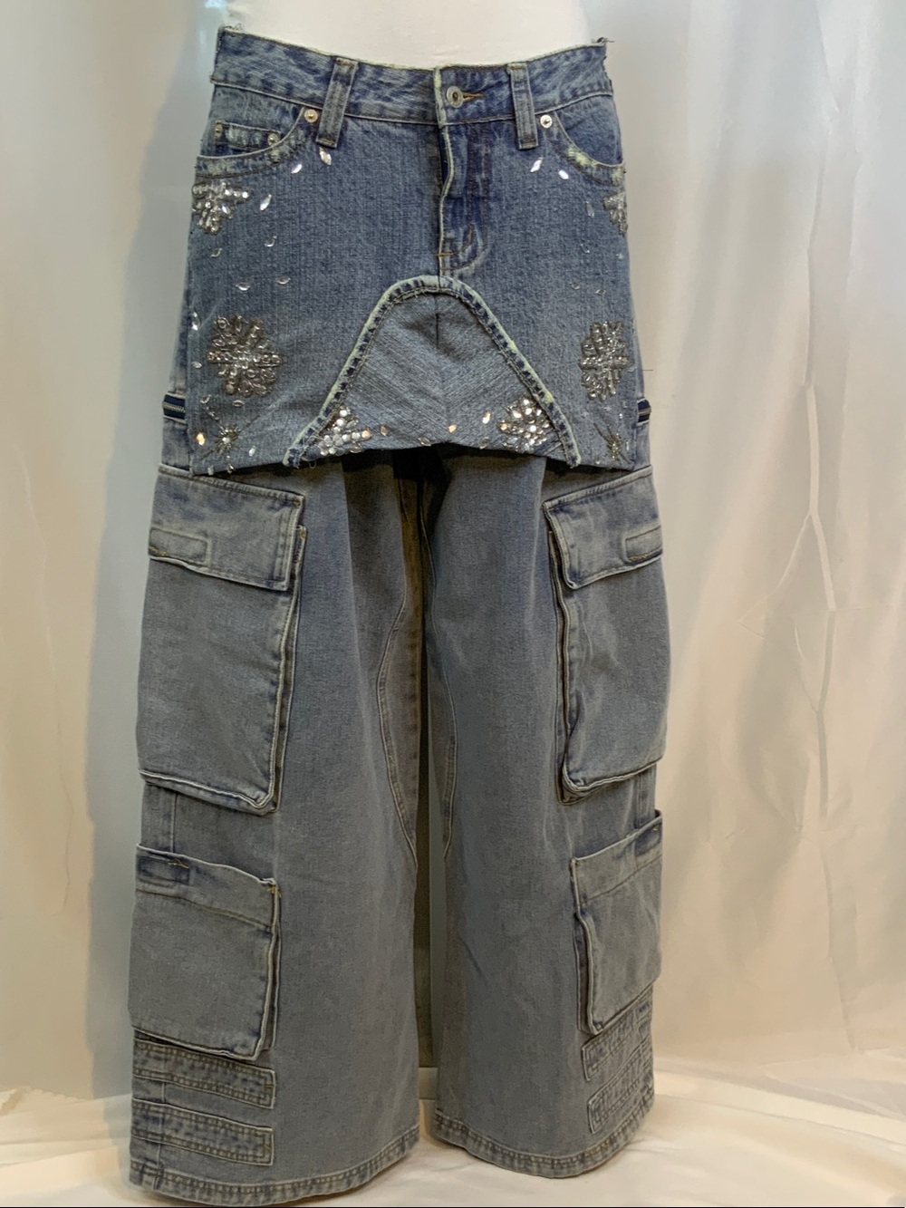 Embellished Light Blue Denim Wide-Leg Cargo Jumpsuit Pants